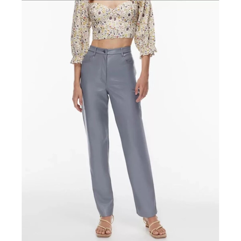 Aritzia Wilfred Pants Marble Gray Melina Vegan Leather High Rise Straight Size 4